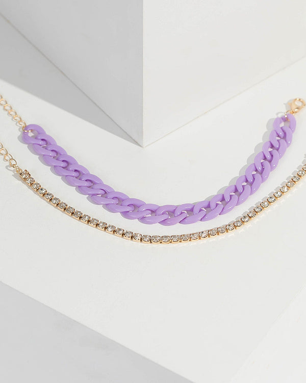 Purple Multi Pack Linked Chain And Crystal Bracelet | Wristwear