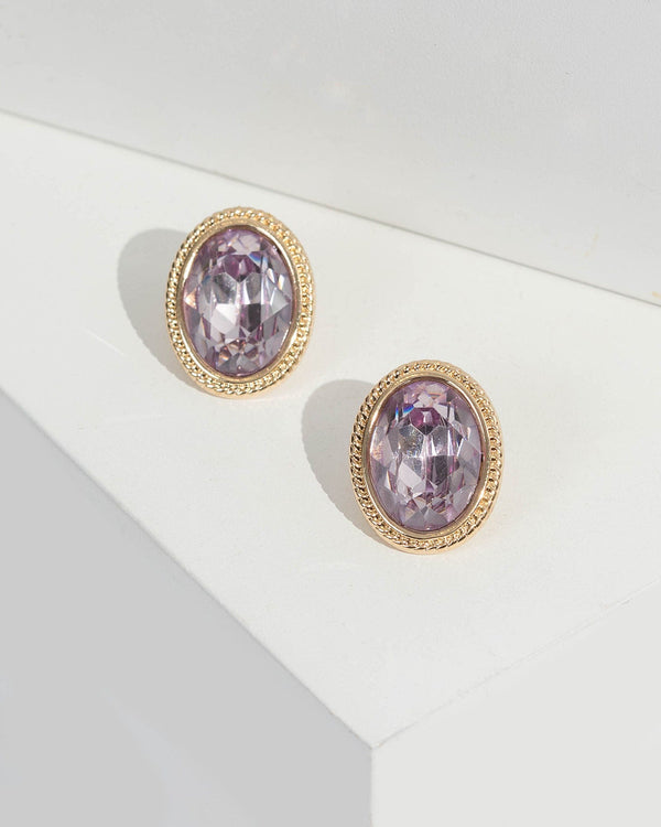 Purple Oval Crystal And Metal Stud Earrings | Earrings
