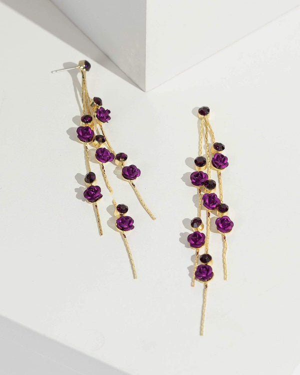 Purple Small Flowers And Crystal Drop Earrings | Earrings