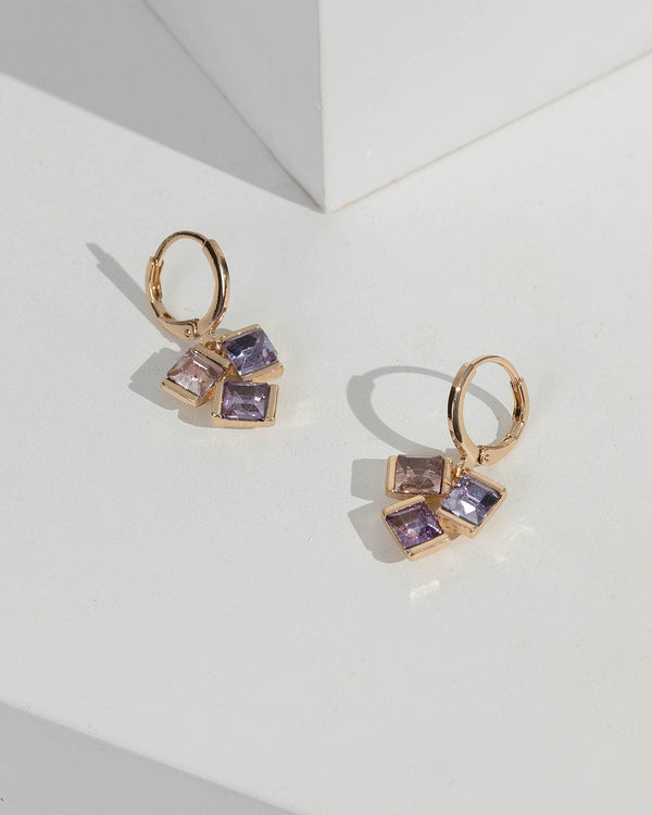 Purple Square Crystal Cluster Hoop Earrings | Earrings