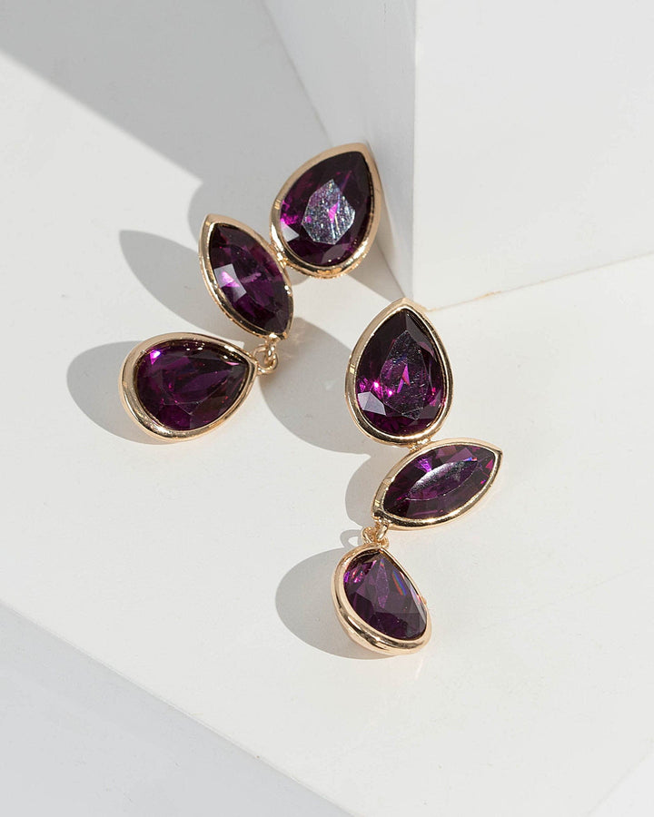 Purple Triple Crystal Detail Drop Earrings | Earrings