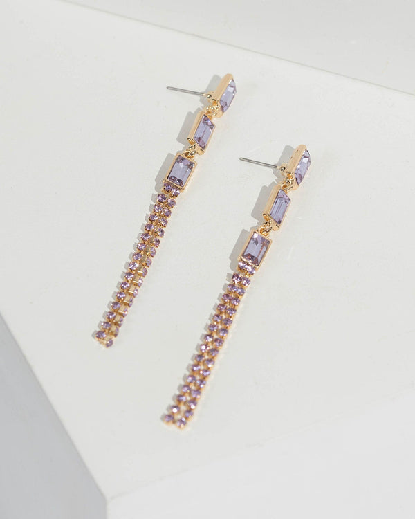 Purple Triple Crystal Tassel Drop Earrings | Earrings