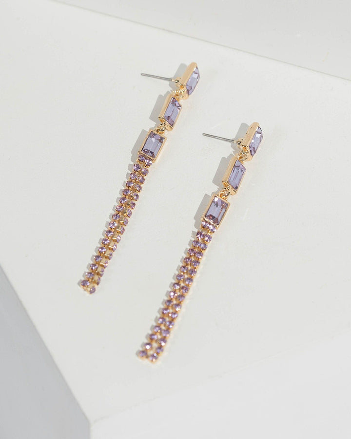 Purple Triple Crystal Tassel Drop Earrings | Earrings
