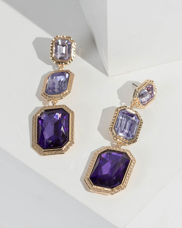 Purple Triple Square Crystal Drop Earrings | Earrings