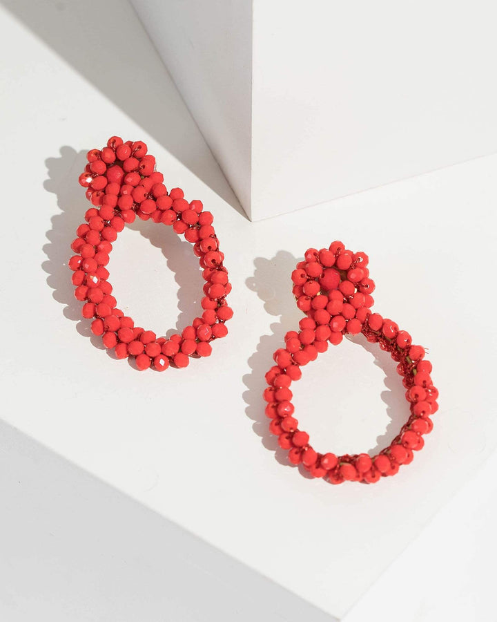 Red Beaded Oval Drop Earrings | Earrings