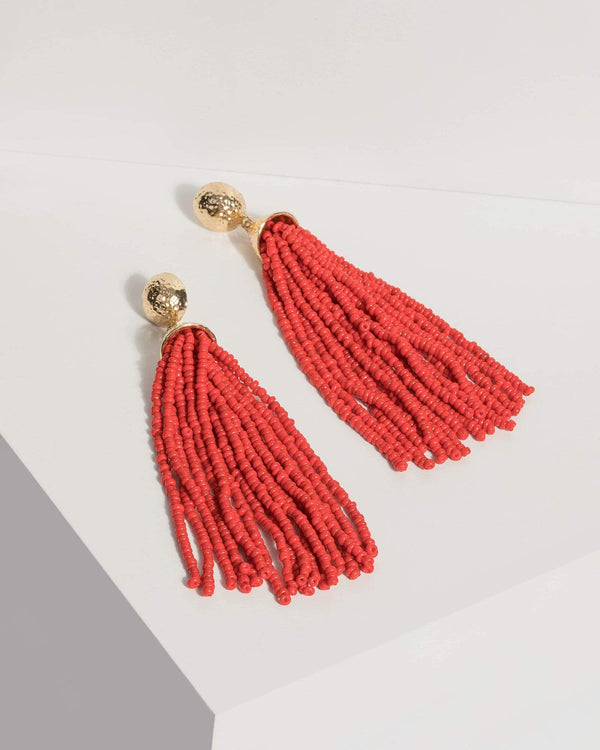 Red Beaded Tassel Drop Earrings | Earrings