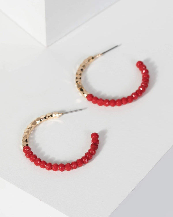Red Contrast Beaded Hoops Earrings | Earrings