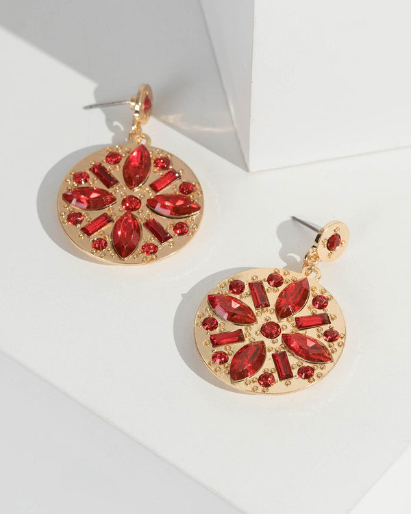 Red Crystal Embellished Disc Drop Earrings | Earrings