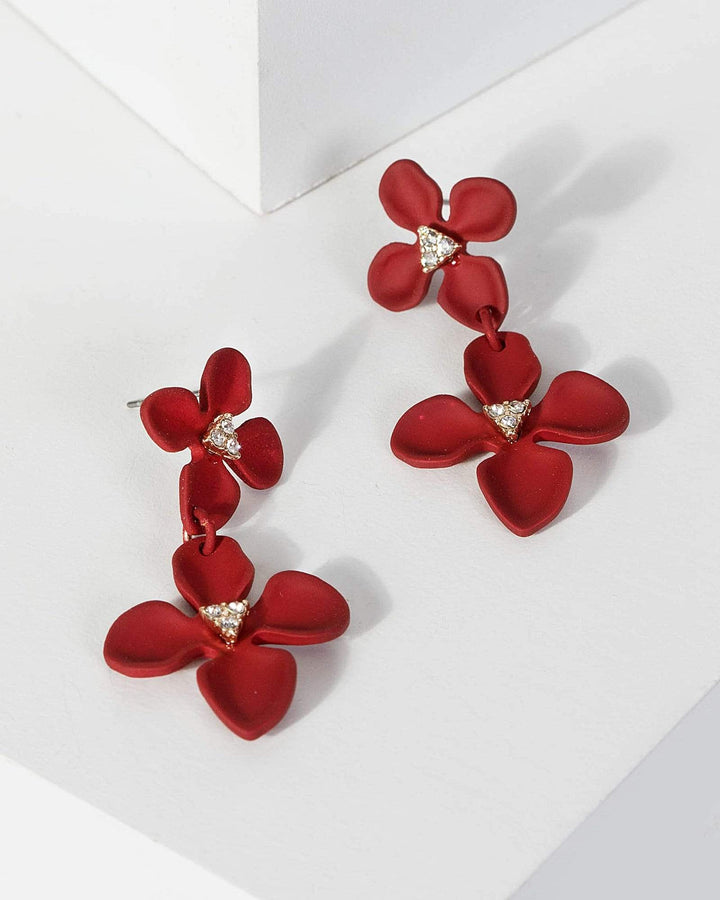 Red Double Floral Drop Earrings | Earrings