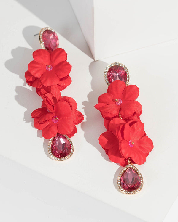 Red Double Flower And Crystal Drop Earrings | Earrings