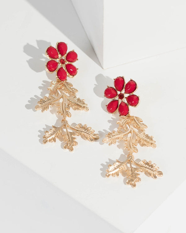 Red Flower And Metal Leaf Drop Earrings | Earrings