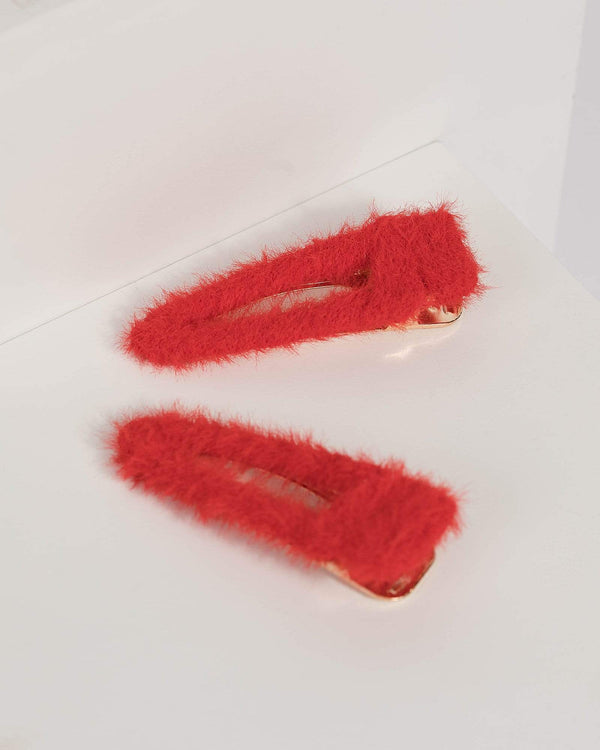 Red Fluffy Clips | Hair Accessories