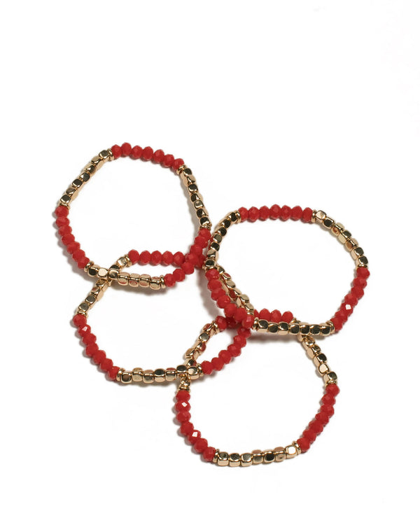 Colette by Colette Hayman Red Gold Tone Beaded Strect Bracelet Pack