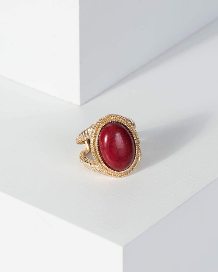 Red Oval Cracked Stone Detail Ring | Rings