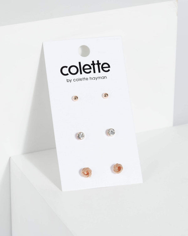 Rose Gold 3 Pack Mixed Stud Set | Earrings