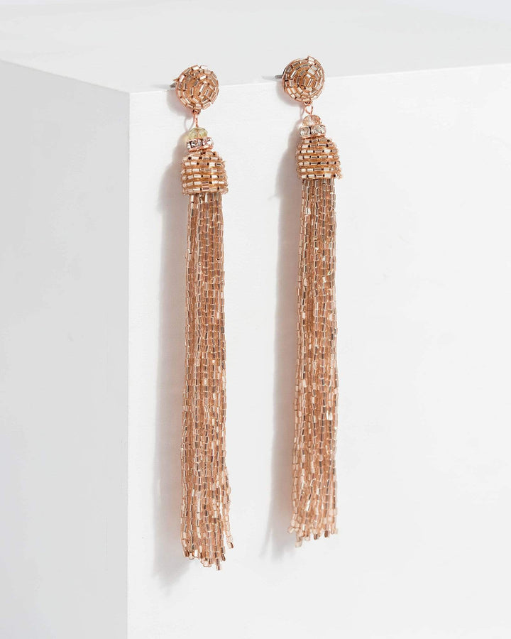 Rose Gold Beaded Tassel Earrings | Earrings