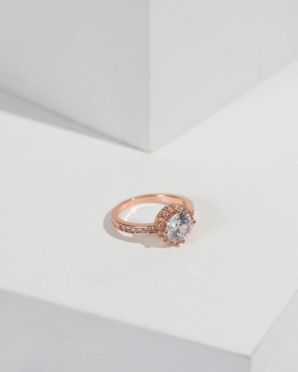 Rose Gold Cubic Zirconia Round Pave Halo Ring | Rings