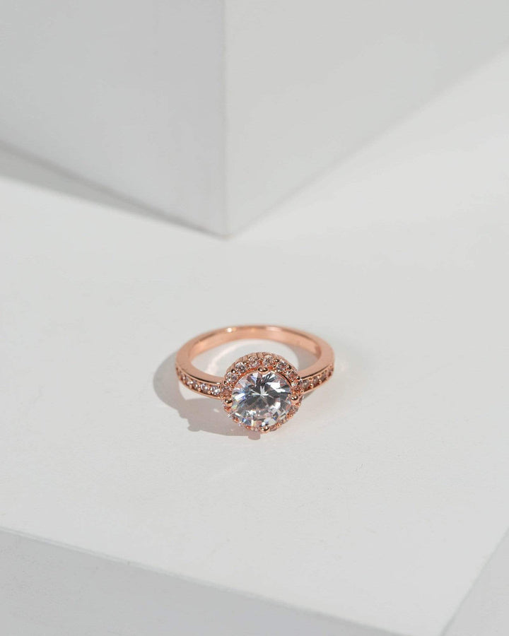 Rose Gold Cubic Zirconia Round Pave Halo Ring | Rings