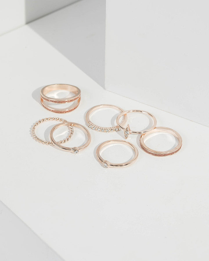 Rose Gold Diamante Band Multi Ring 7 Pack | Rings