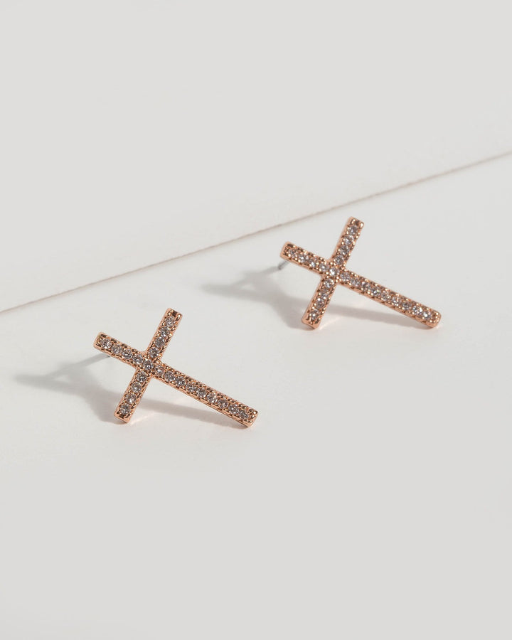Rose Gold Diamante Cross Earrings | Earrings