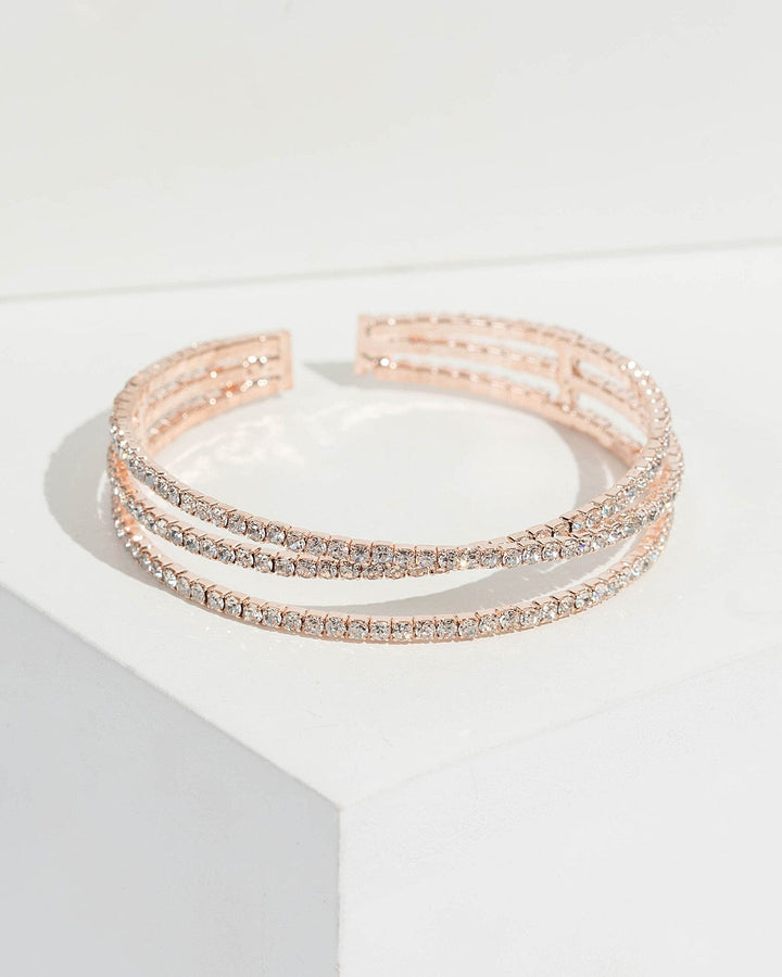 Rose Gold Diamante Crossed Flexi Cuff Bracelet | Wristwear