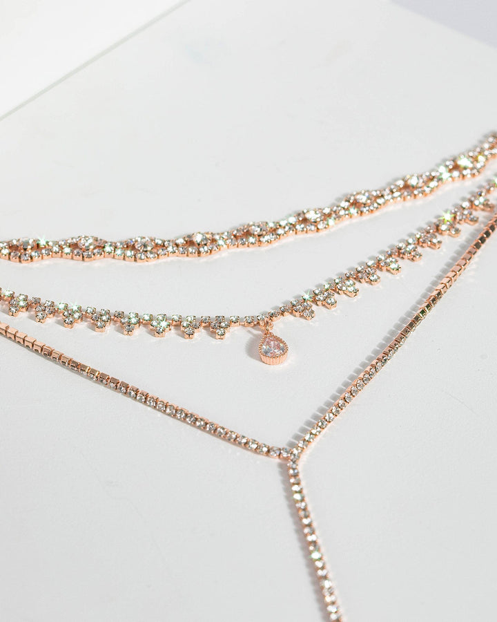 Colette by Colette Hayman Rose Gold Diamante Cup Chain 3 Row Lariat Necklace