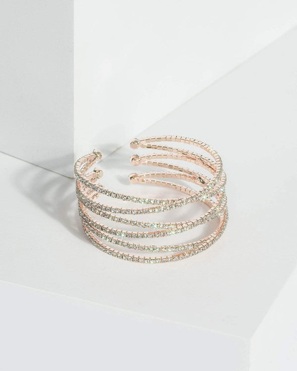 Rose Gold Diamante Cup Chain Wide Cuff Bracelet | Wristwear