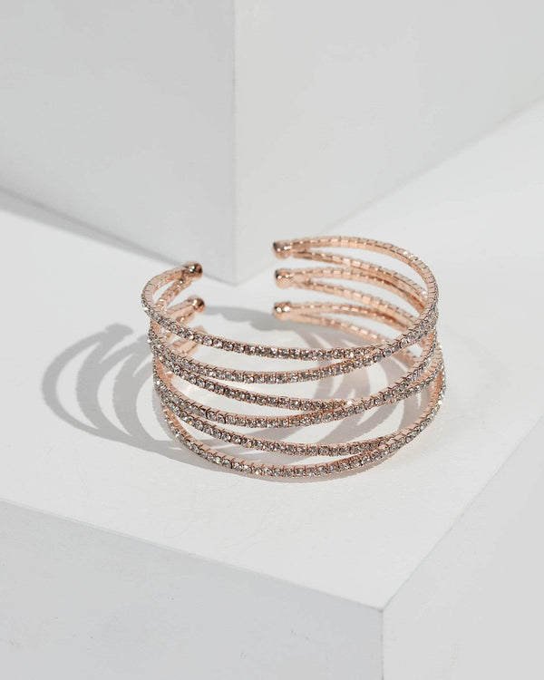 Rose Gold Diamante Cup Chain Wide Cuff Bracelet | Wristwear
