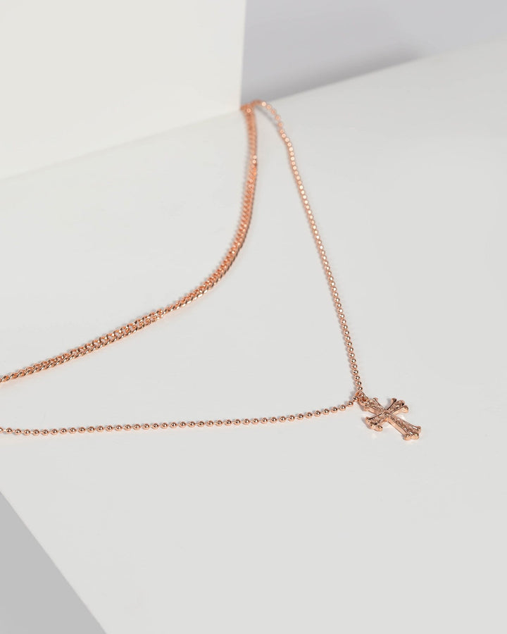 Rose Gold Double Chain Cross Necklace | Necklaces