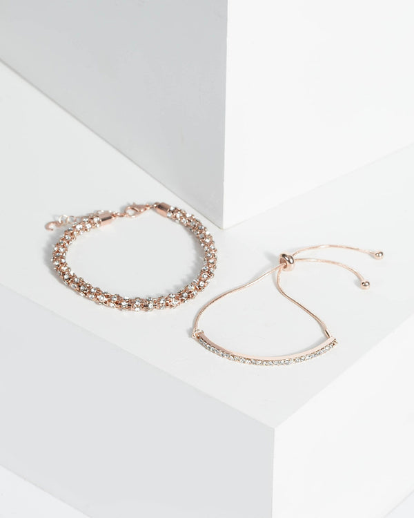 Rose Gold Double Pack Diamante Bar Detail Bracelet | Wristwear
