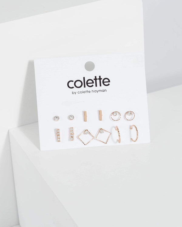 Rose Gold Fine Diamante 6 Pack Stud Earrings | Earrings