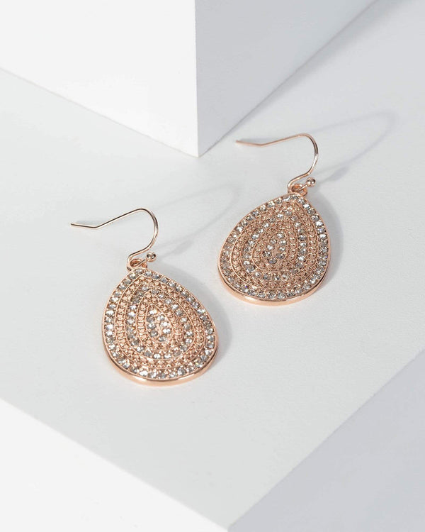 Rose Gold Metal Diamante Tear Drop Earrings | Earrings