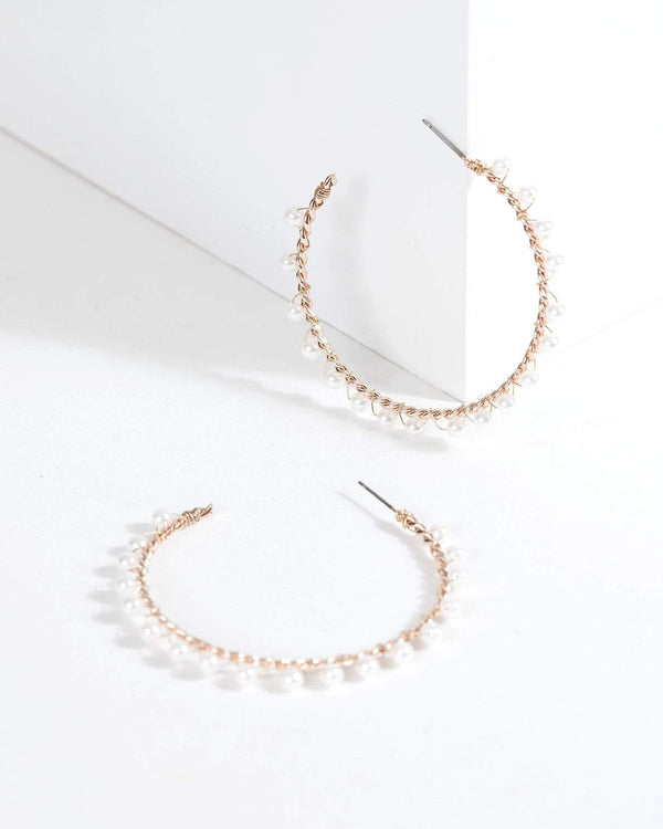 Rose Gold Mini Pearl Wrapped Hoop Earrings | Earrings