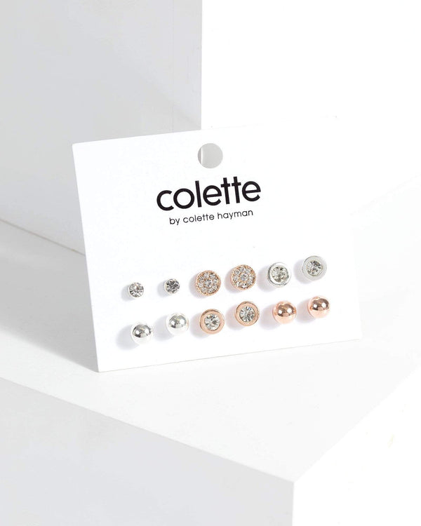 Rose Gold Multi Pack Diamante Stud Earrings | Earrings