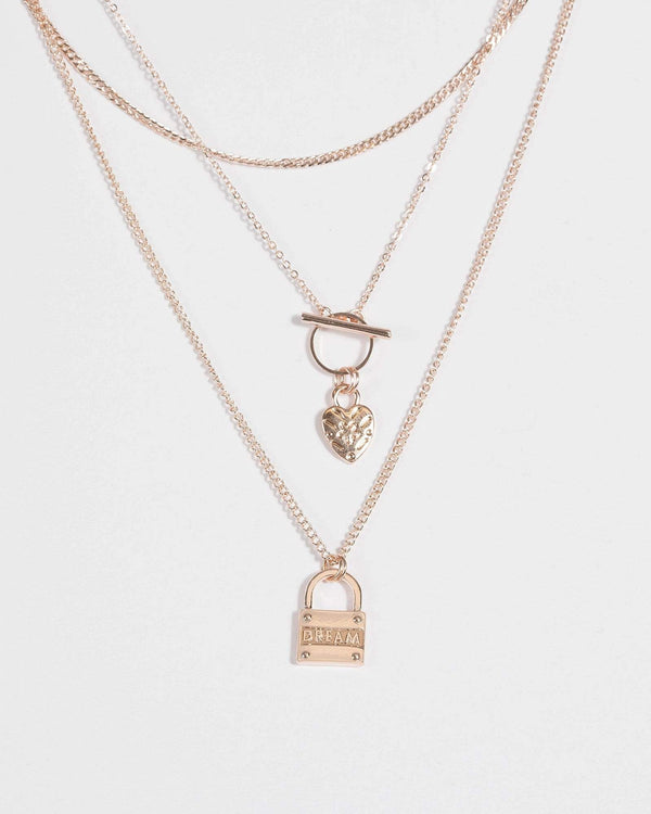 Rose Gold Multi Row Lock Necklace | Necklaces
