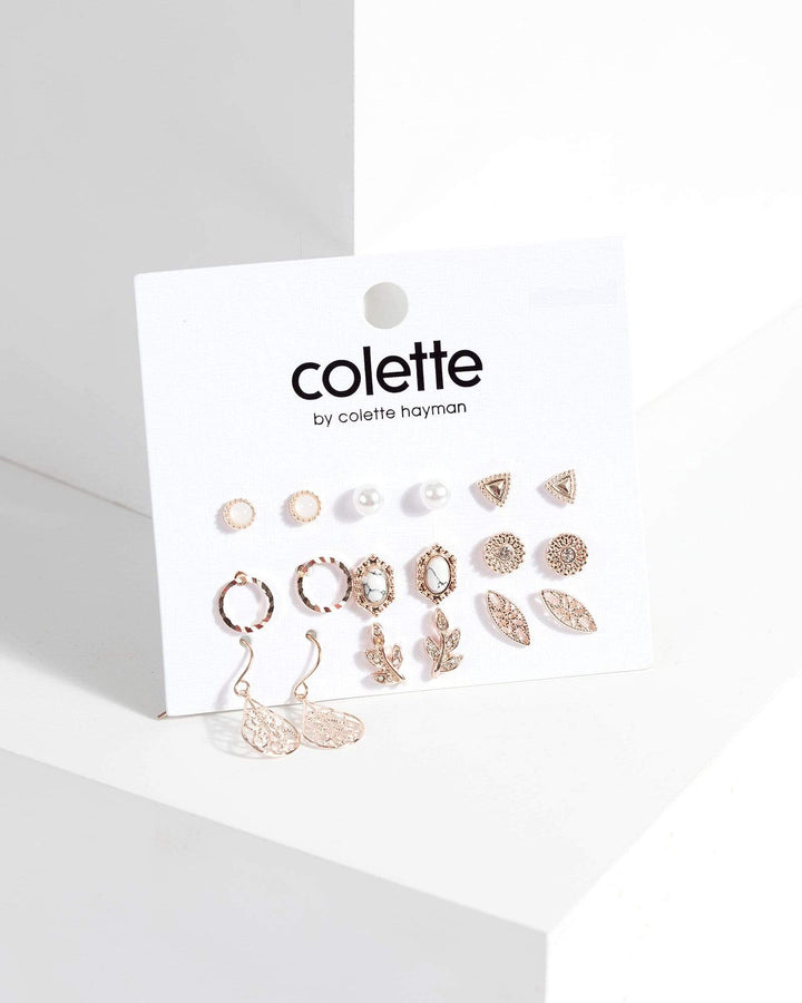Rose Gold Multi Stone And Metal 9 Earrings Pack | Earrings