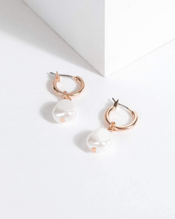 Rose Gold Pearl Drop Mini Hoop Earrings | Earrings