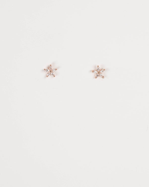 Rose Gold Plated Cubic Zirconia Flower Stud Earrings | Earrings