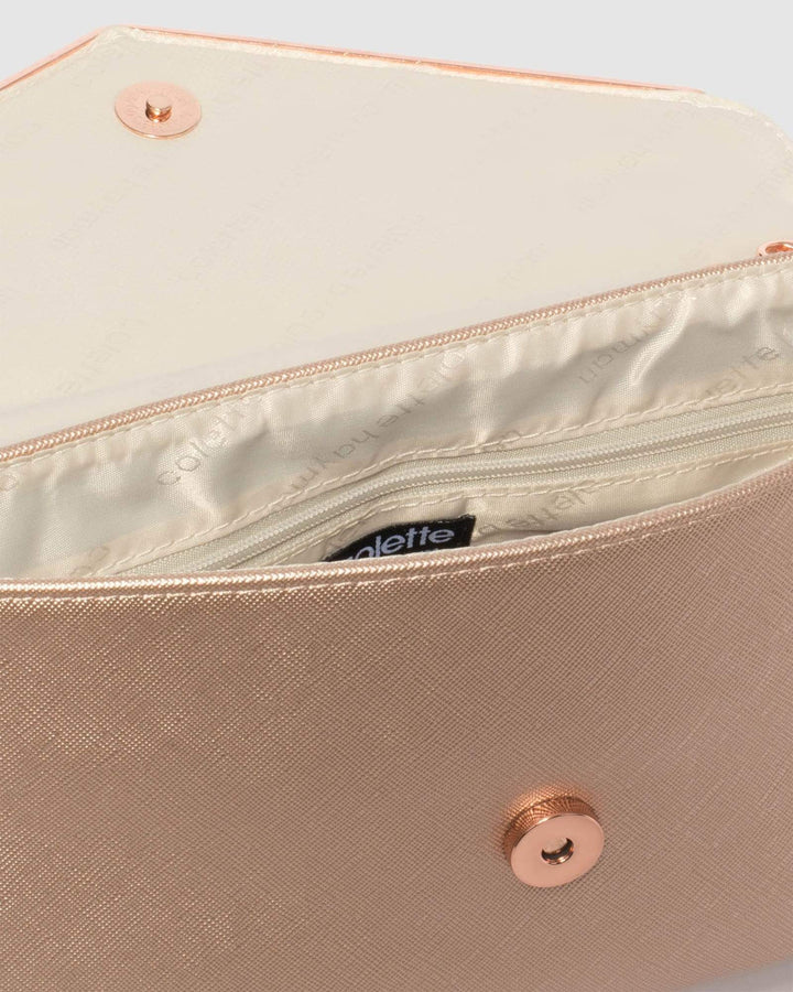 Rose Gold Saffiano Samantha Clutch Bag With Rose Gold Hardware | Clutch Bags