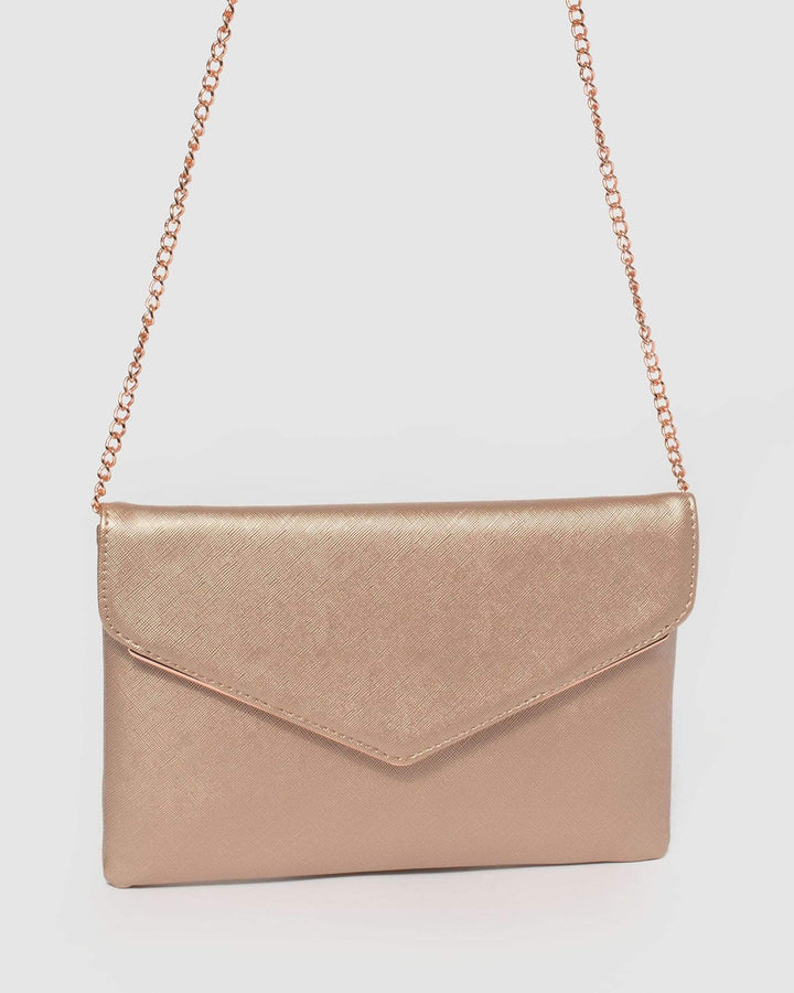 Rose Gold Saffiano Samantha Clutch Bag With Rose Gold Hardware | Clutch Bags