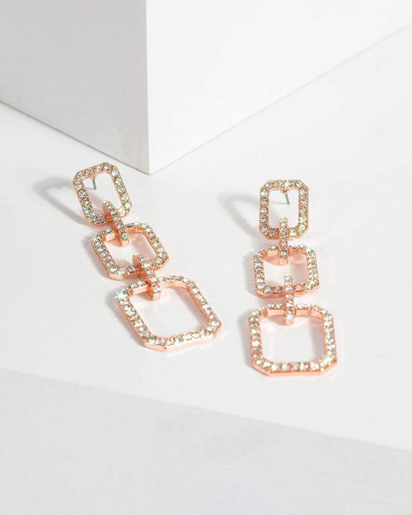 Rose Gold Square Diamante Drop Stud Earrings | Earrings
