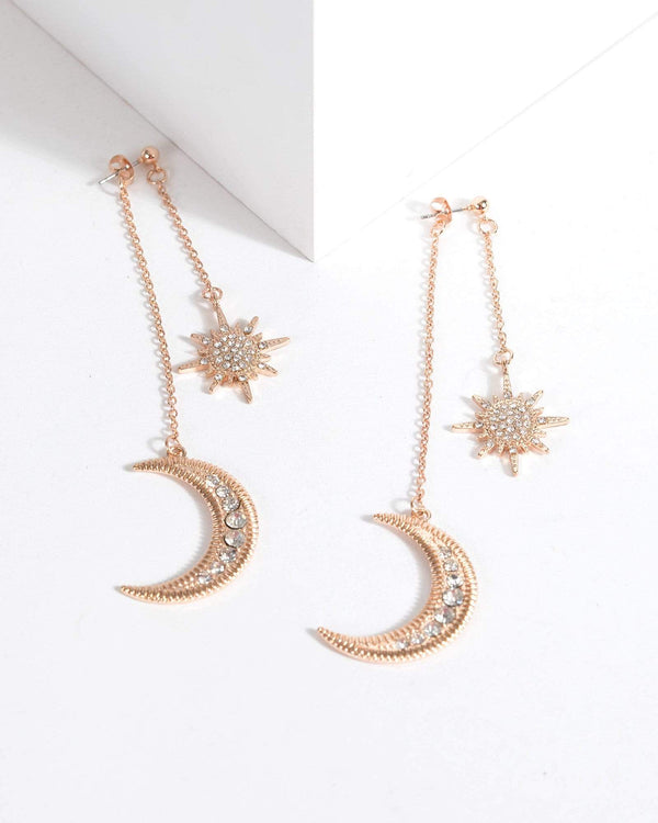 Rose Gold Sun Moon Drop Chain Stud Earrings | Earrings