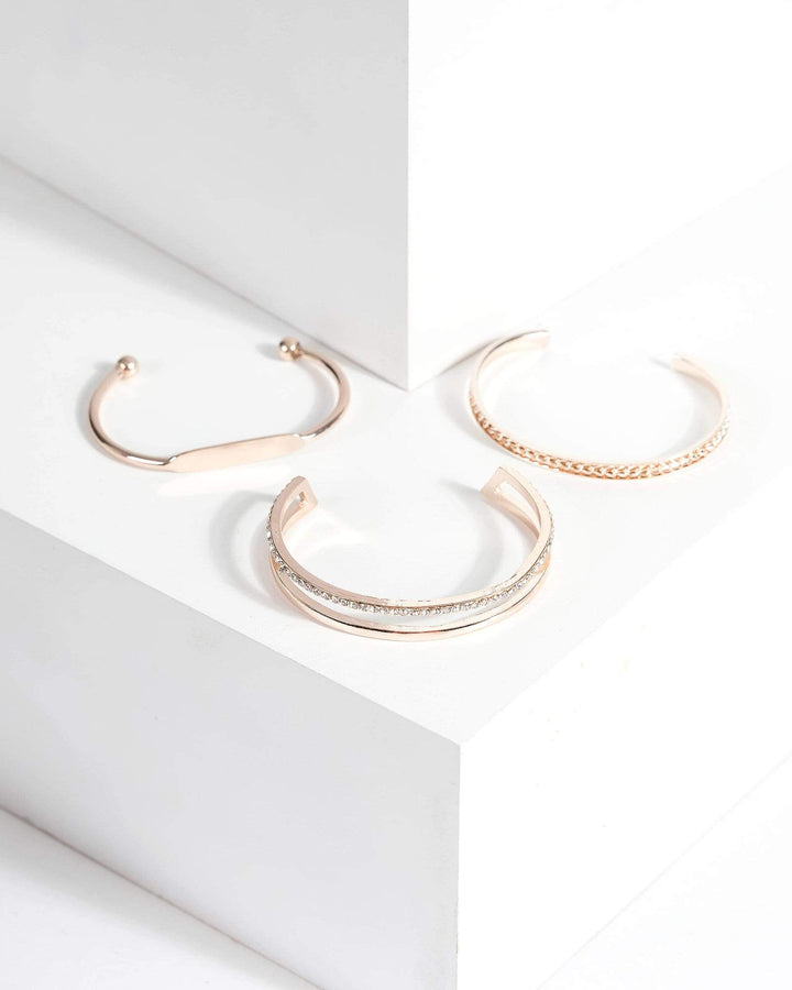 Rose Gold Textured Fine Cuff 3 Pack Bracelet | Wristwear