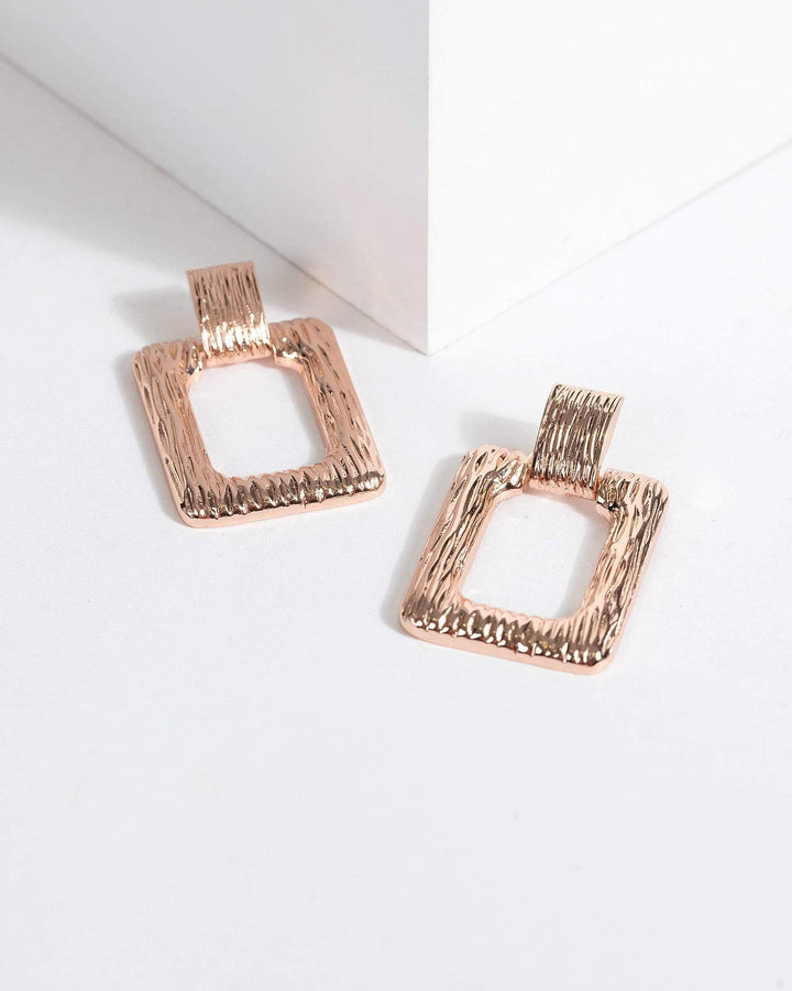 Rose Gold Textured Metal Rectangle Drop Earrings | Earrings
