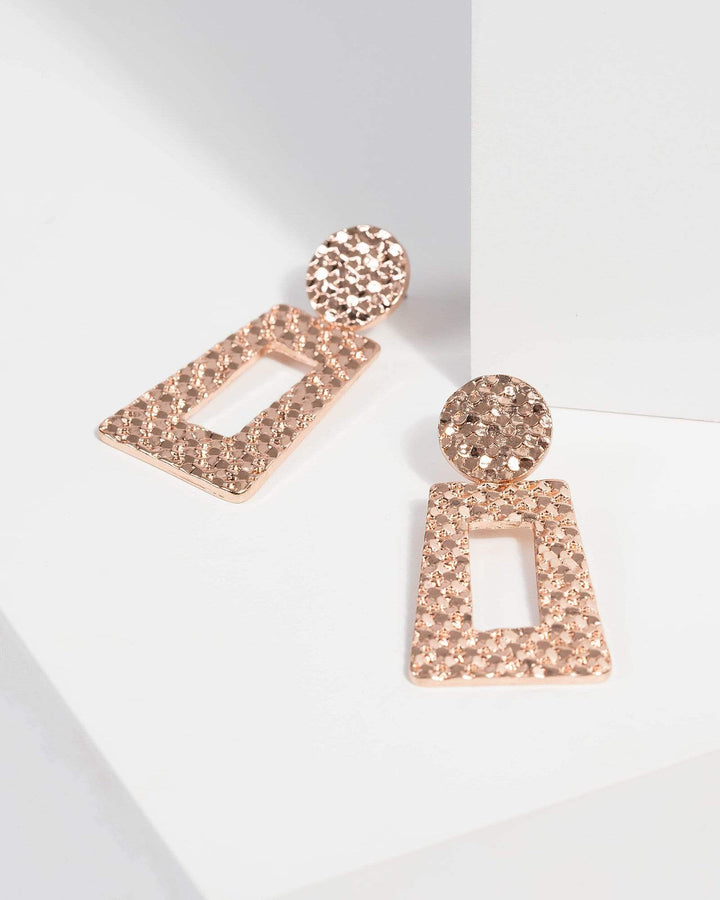 Rose Gold Textured Rectangle Drop Earrings | Earrings