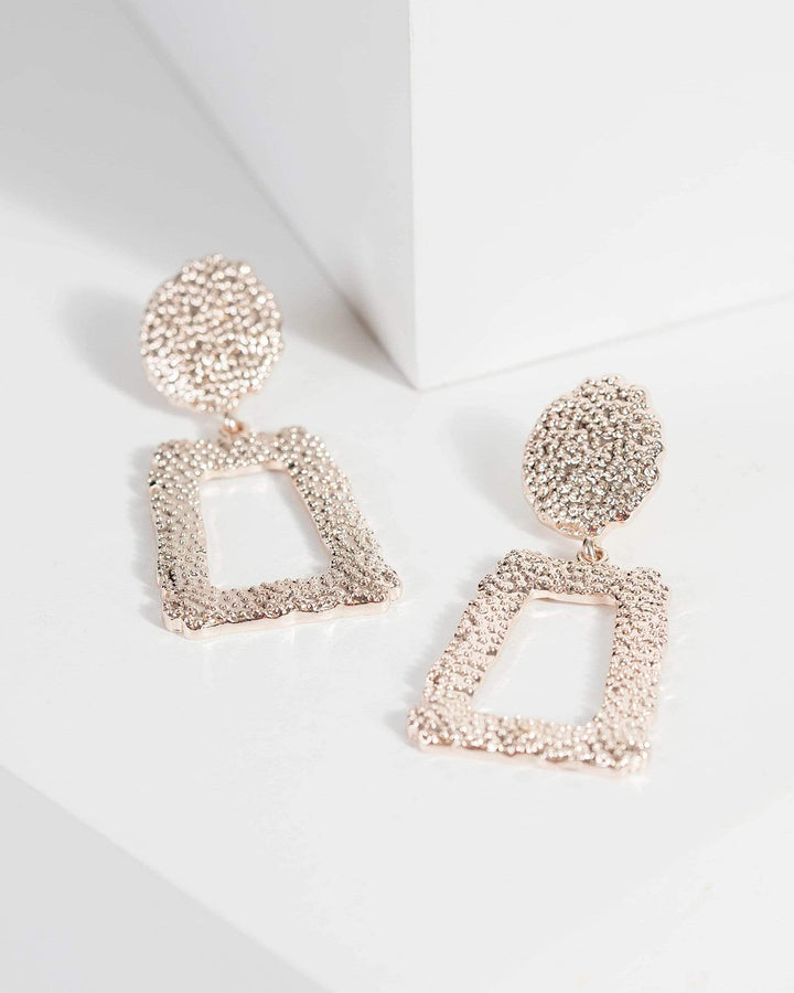 Rose Gold Textured Square Drop Earrings | Earrings