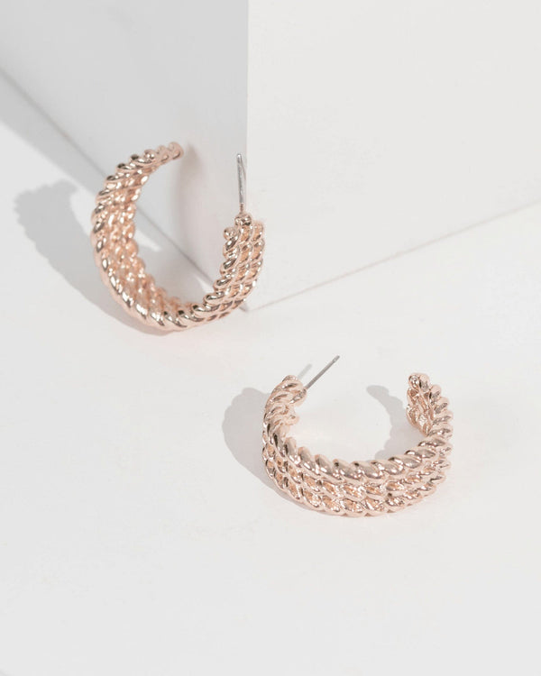 Rose Gold Twist Rope Medium Hoop Earrings | Earrings