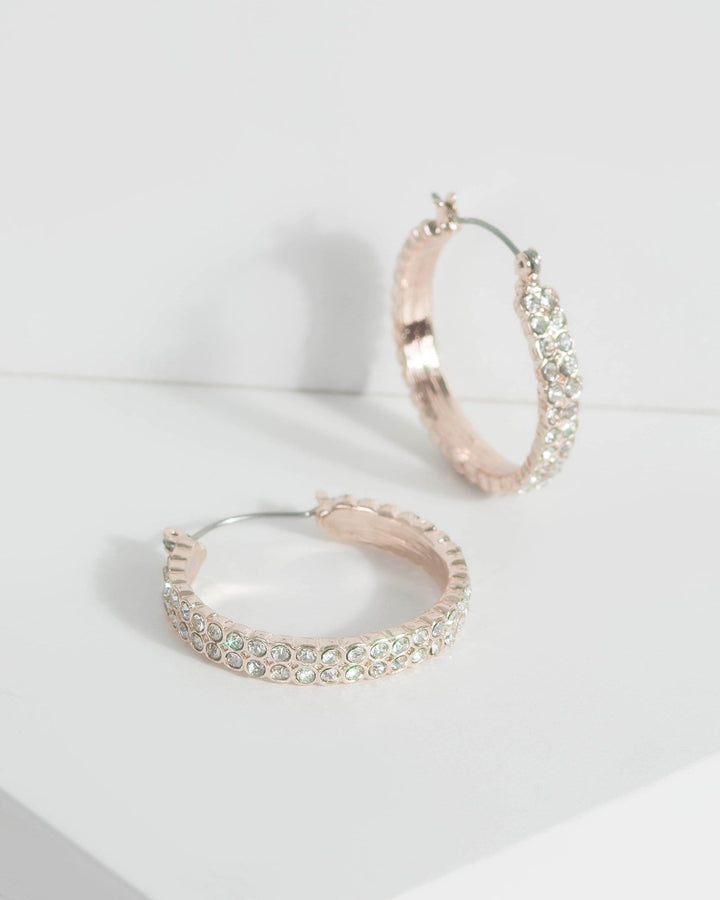 Rose Gold Two Row Diamante Encrusted Hoop Earrings | Earrings