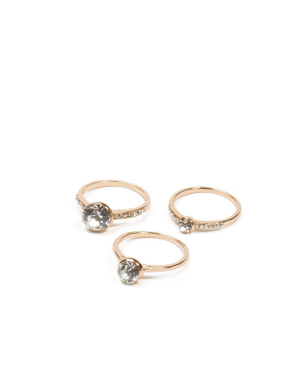 Colette by Colette Hayman Round Diamante Stone 3 Pack Rings - Medium