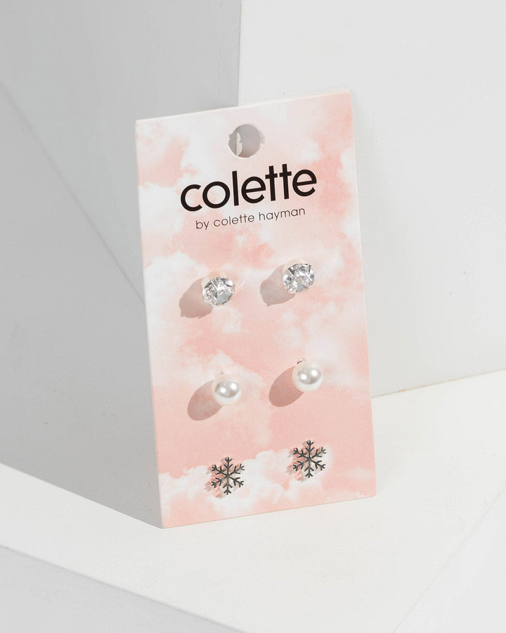 Silver 3 Pack Crystal Pearl And Snowflake Stud Earrings | Earrings